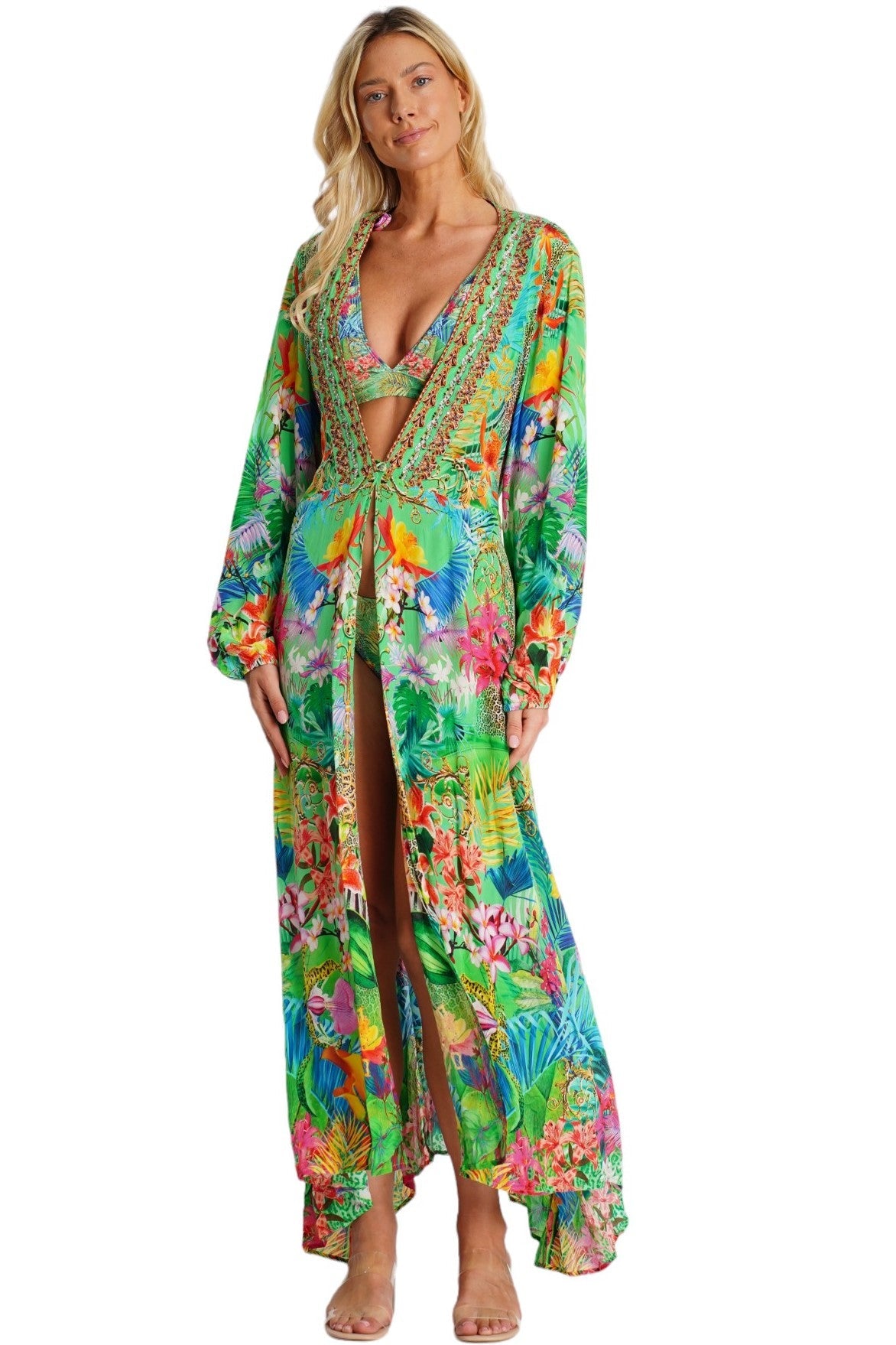 Green Tropical Embellished Long Beach Kimono | Wholesale Pack of 4-0