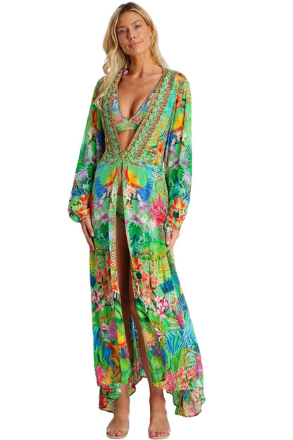 Green Tropical Embellished Long Beach Kimono | Wholesale Pack of 4-0