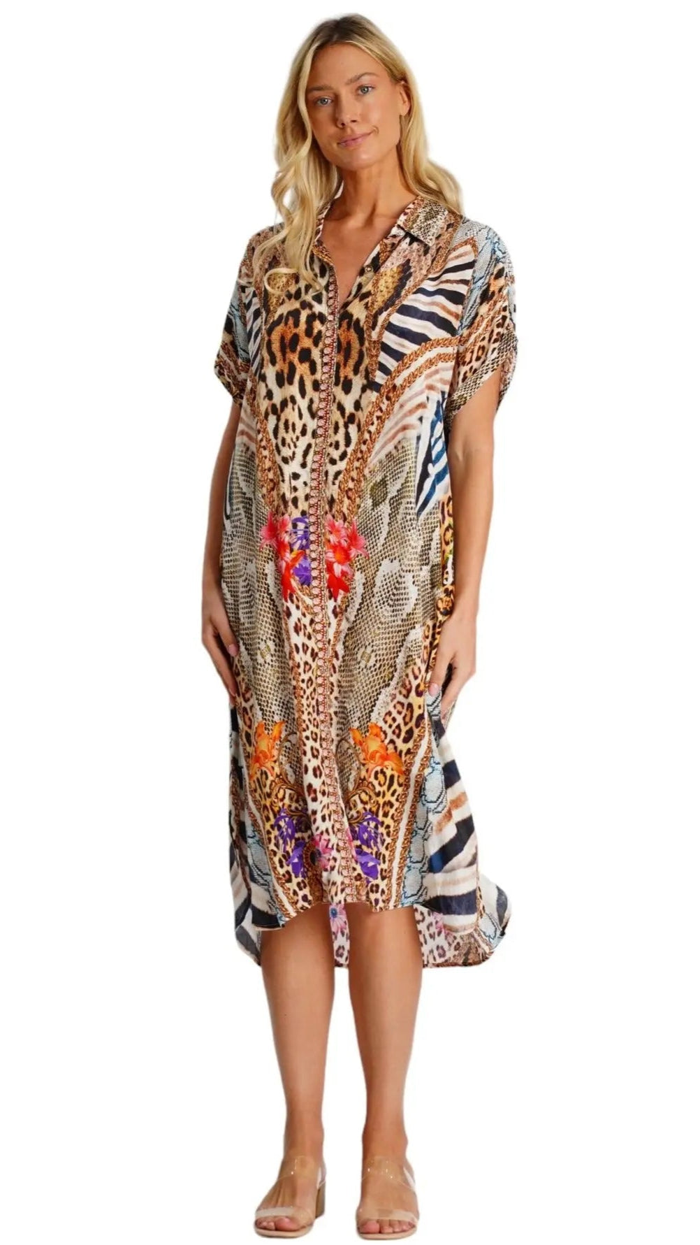 Mixed Animal Pattern Shirt Dress-0
