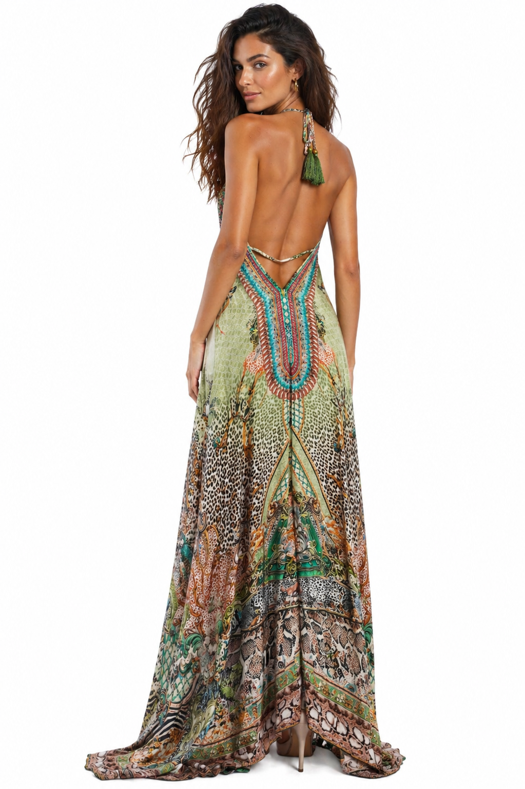 Green Abstract Print Halter Maxi Dress - Boho Resort & Vacation Wear for Women-1