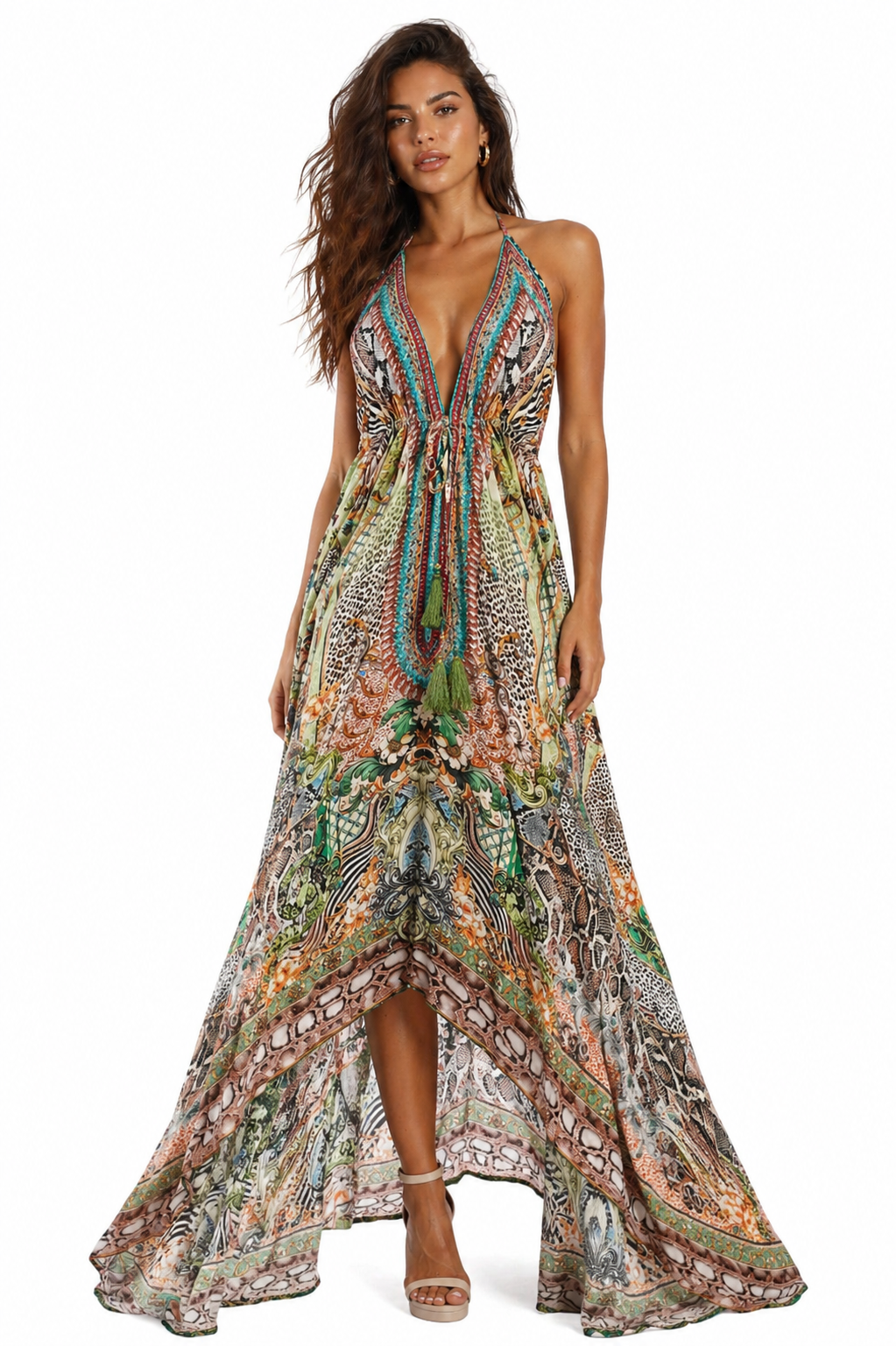 Green Abstract Print Halter Maxi Dress - Boho Resort & Vacation Wear for Women-0