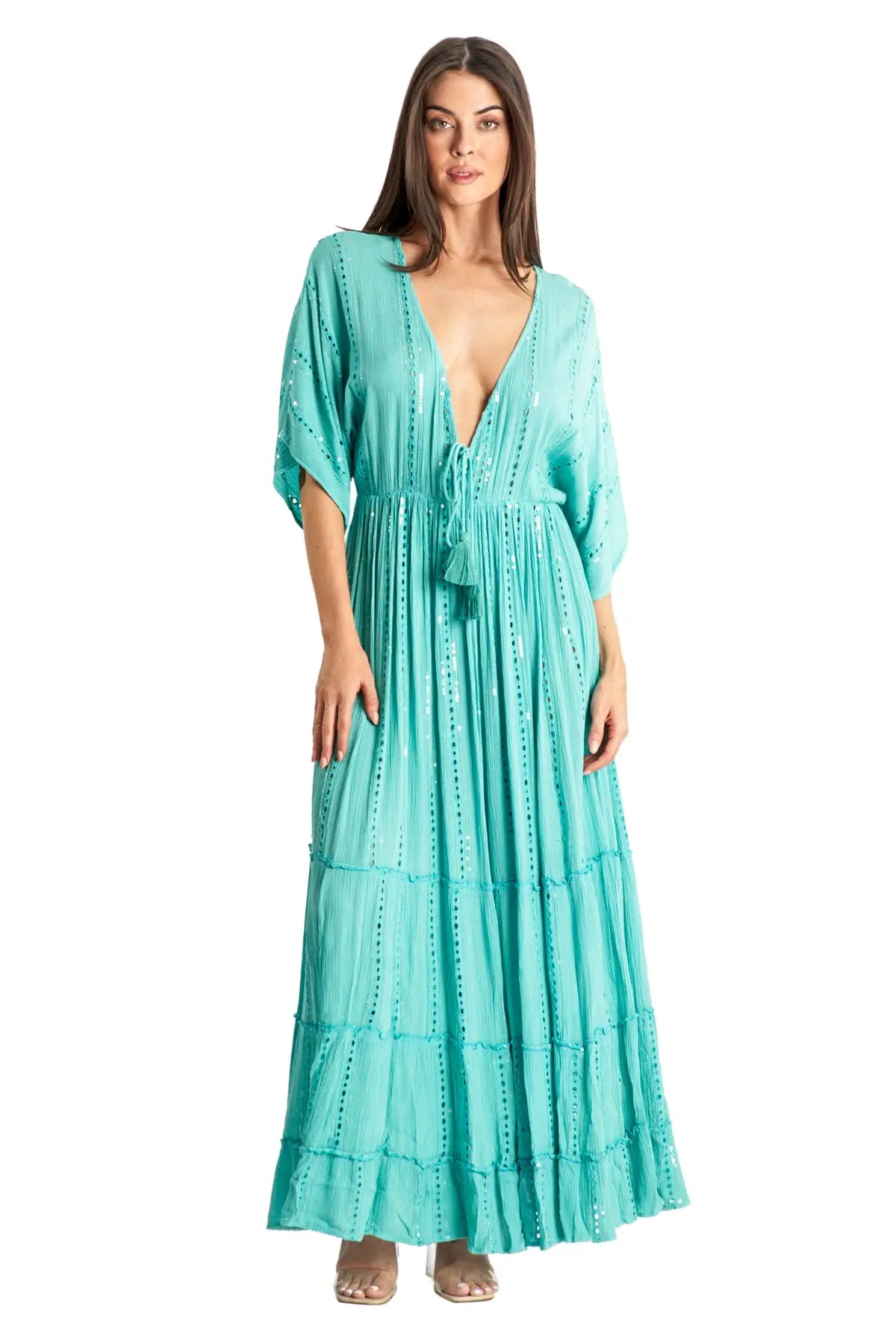 White embellished Maxi Resort Vacation Dress-5