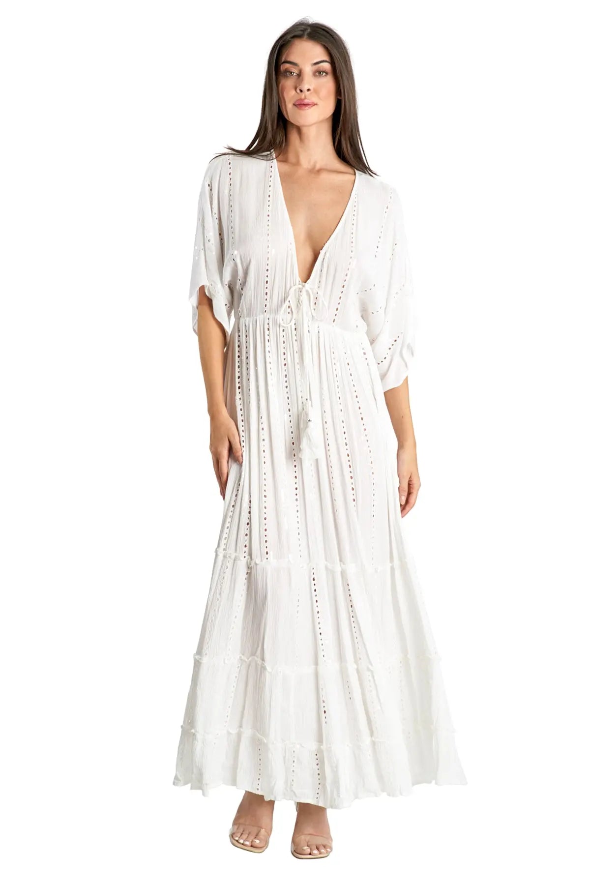 White embellished Maxi Resort Vacation Dress-0