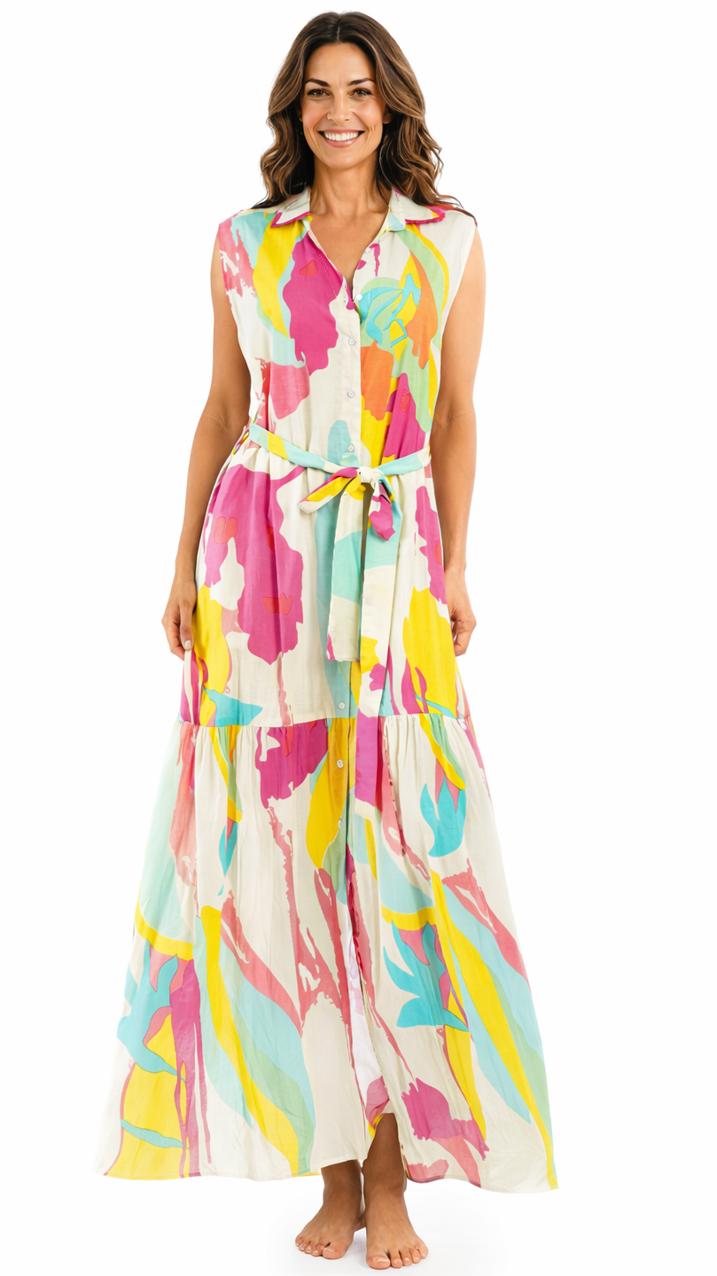 Colorful Sleeveless Maxi Shirt Dress – Luxury Resort Wear Vacation Dress-0