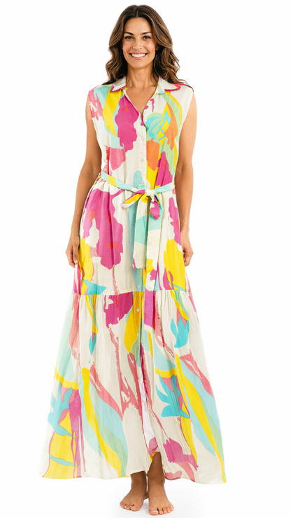 Colorful Sleeveless Maxi Shirt Dress – Luxury Resort Wear Vacation Dress-0