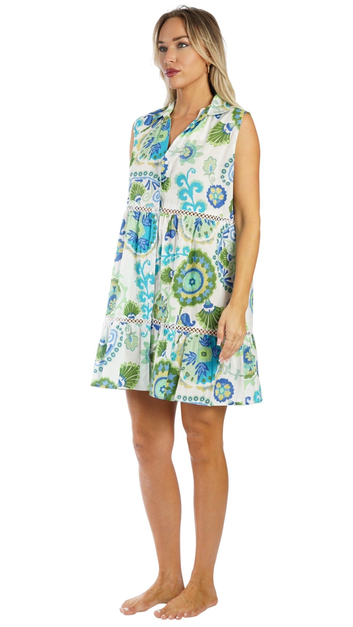 Blue Green Print Resort Mini Dress | Luxury Vacation Dress-2
