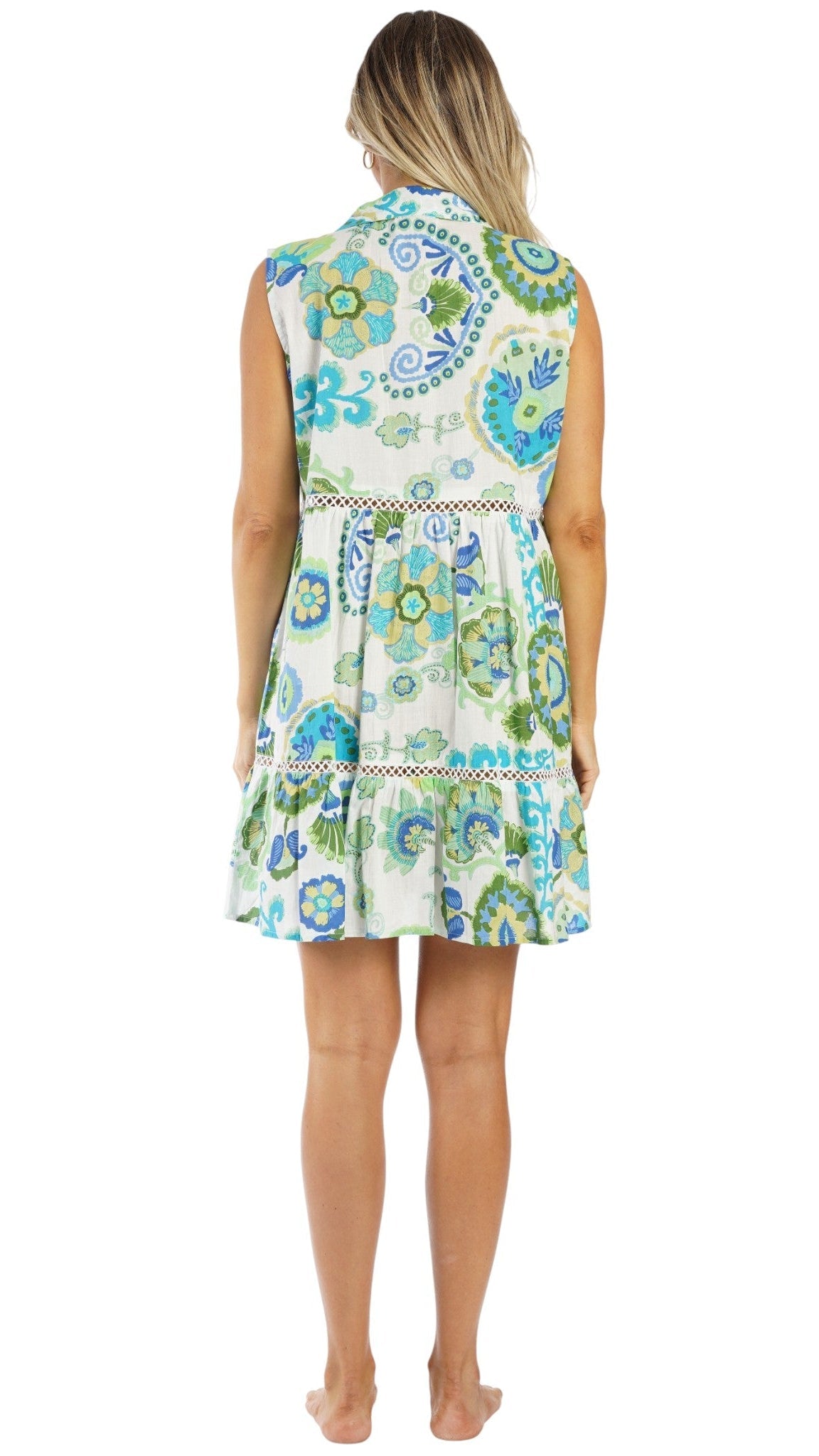 Blue Green Print Resort Mini Dress | Luxury Vacation Dress-1
