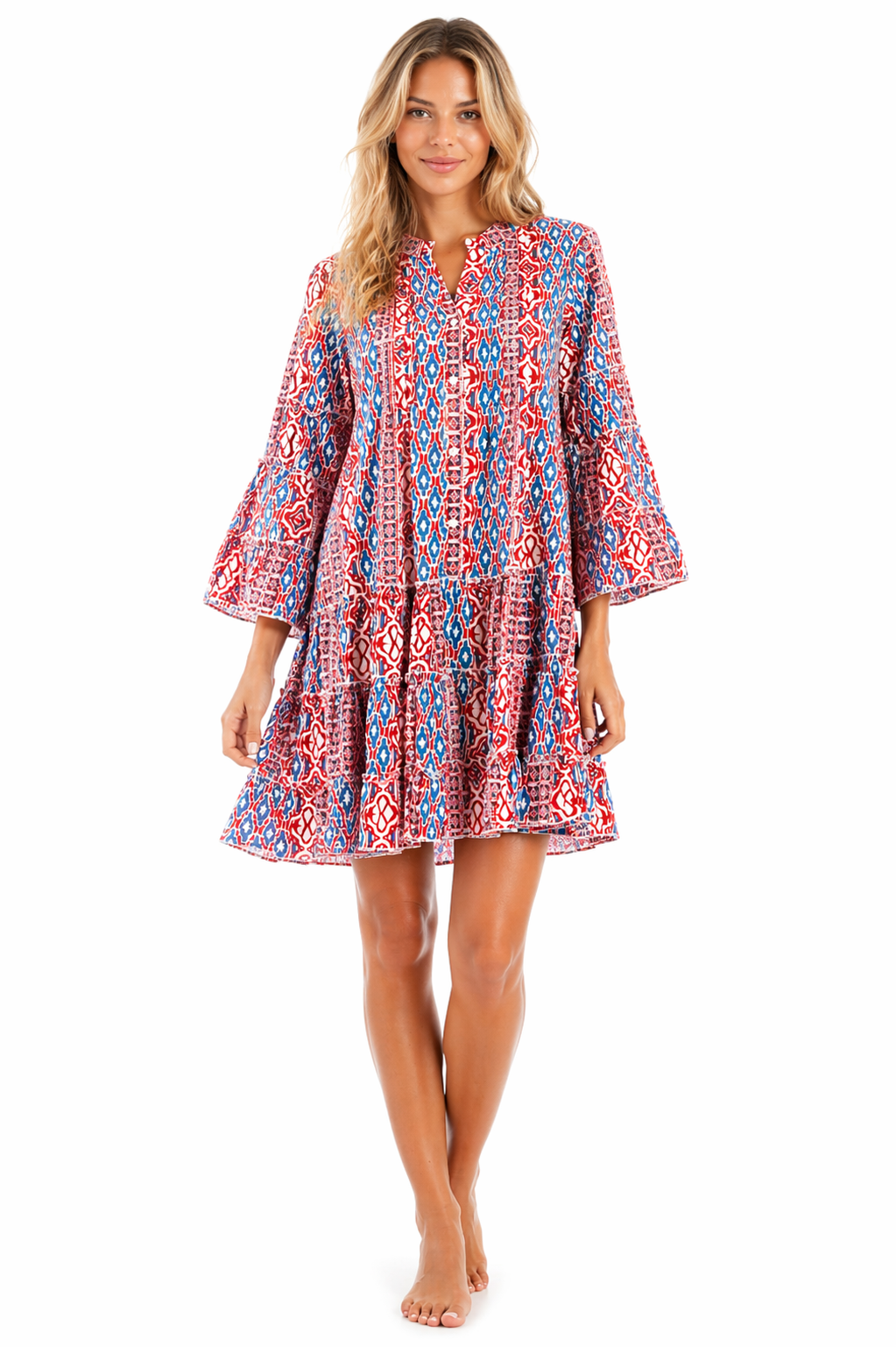 Red & Blue Tribal Block Print Bell-Sleeve Tiered Mini Dress – Wholesale Resort Prepack (6 Pcs)