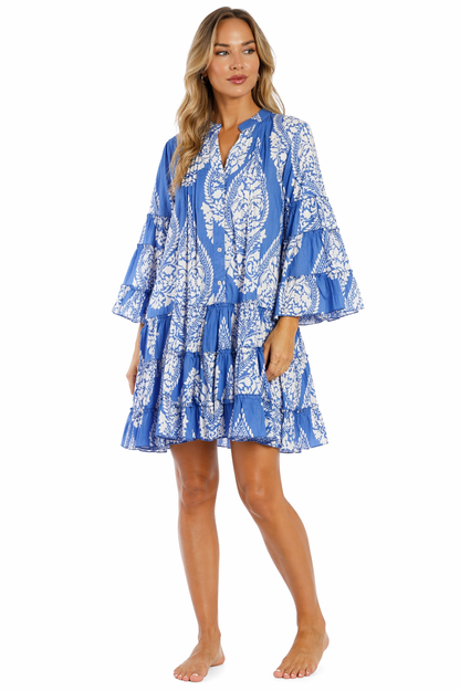 Cobalt Blue Block Print Tiered Bell-Sleeve Boho Mini Dress – Wholesale Resort Prepack (6 Pcs)-0