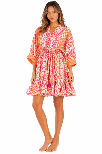 Coral Orange Ikat Print Tiered Babydoll Bell-Sleeve Mini Dress – Wholesale Resort Prepack (6 Pcs)-1
