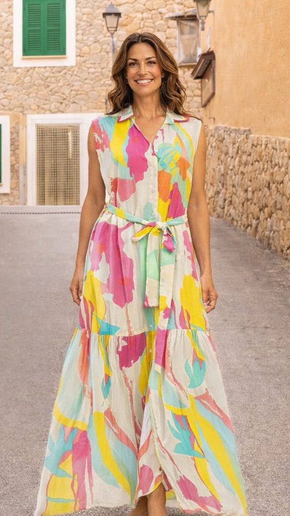 Colorful Sleeveless Maxi Shirt Dress – Luxury Resort Wear Vacation Dress-3