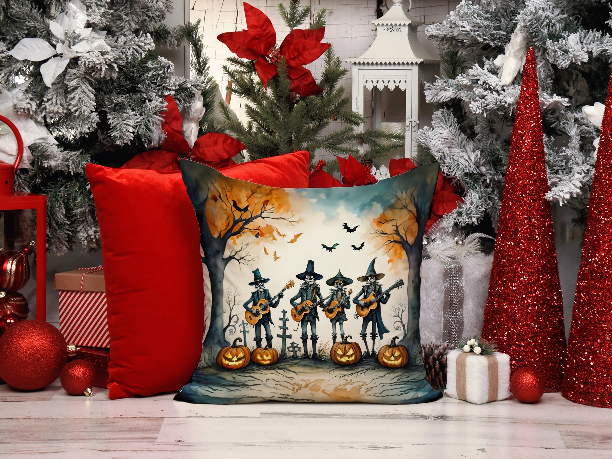 Mariachi Skeleton Band Spooky Halloween Throw Pillow