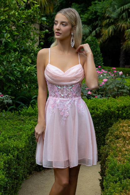Sheer Bodice Glitter Print Embellished Spaghetti Strap Homecoming Dress