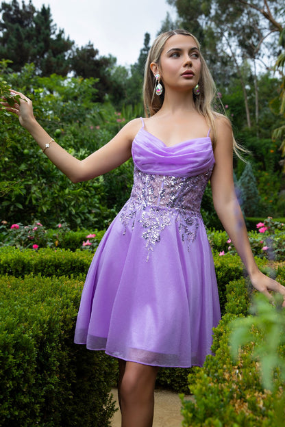 Sheer Bodice Glitter Print Embellished Spaghetti Strap Homecoming Dress