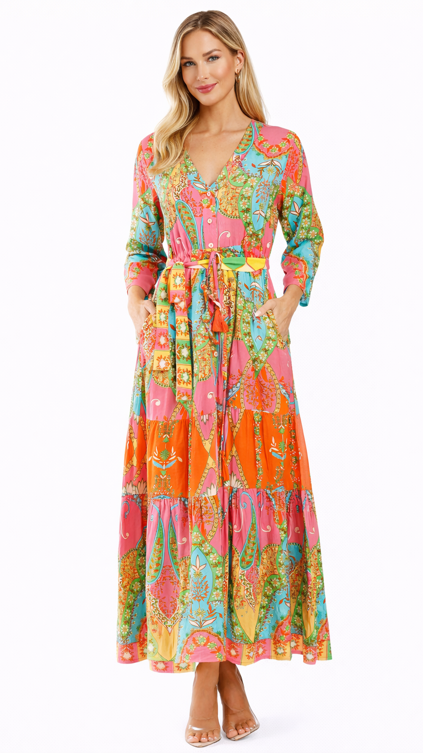 Vibrant Paisley Maxi Shirt Dress – Luxury Resort Wear Cover Up | Club Moda-0