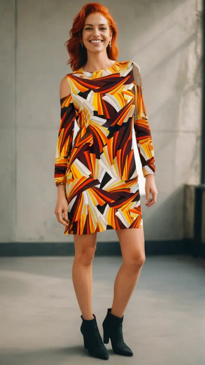 Geometric Print Cold Shoulder Resort Dress-2