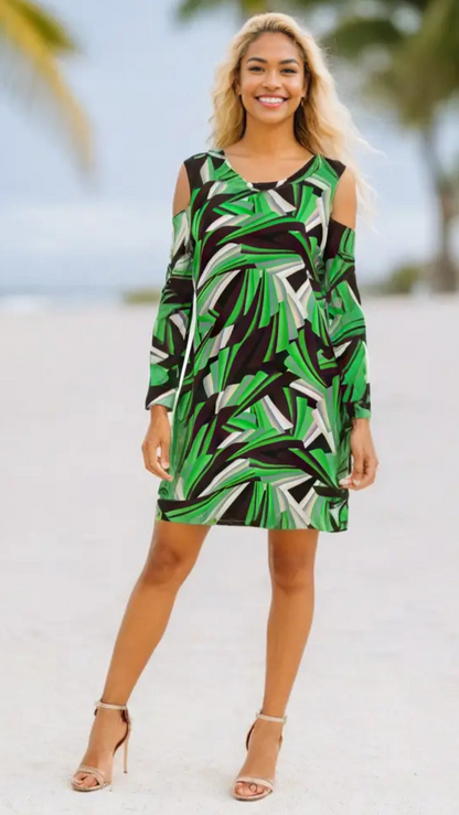 Geometric Print Cold Shoulder Resort Dress-1