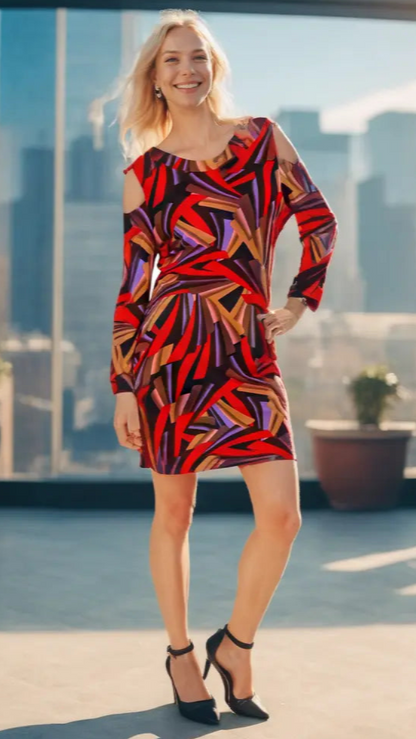 Geometric Print Cold Shoulder Resort Dress-0