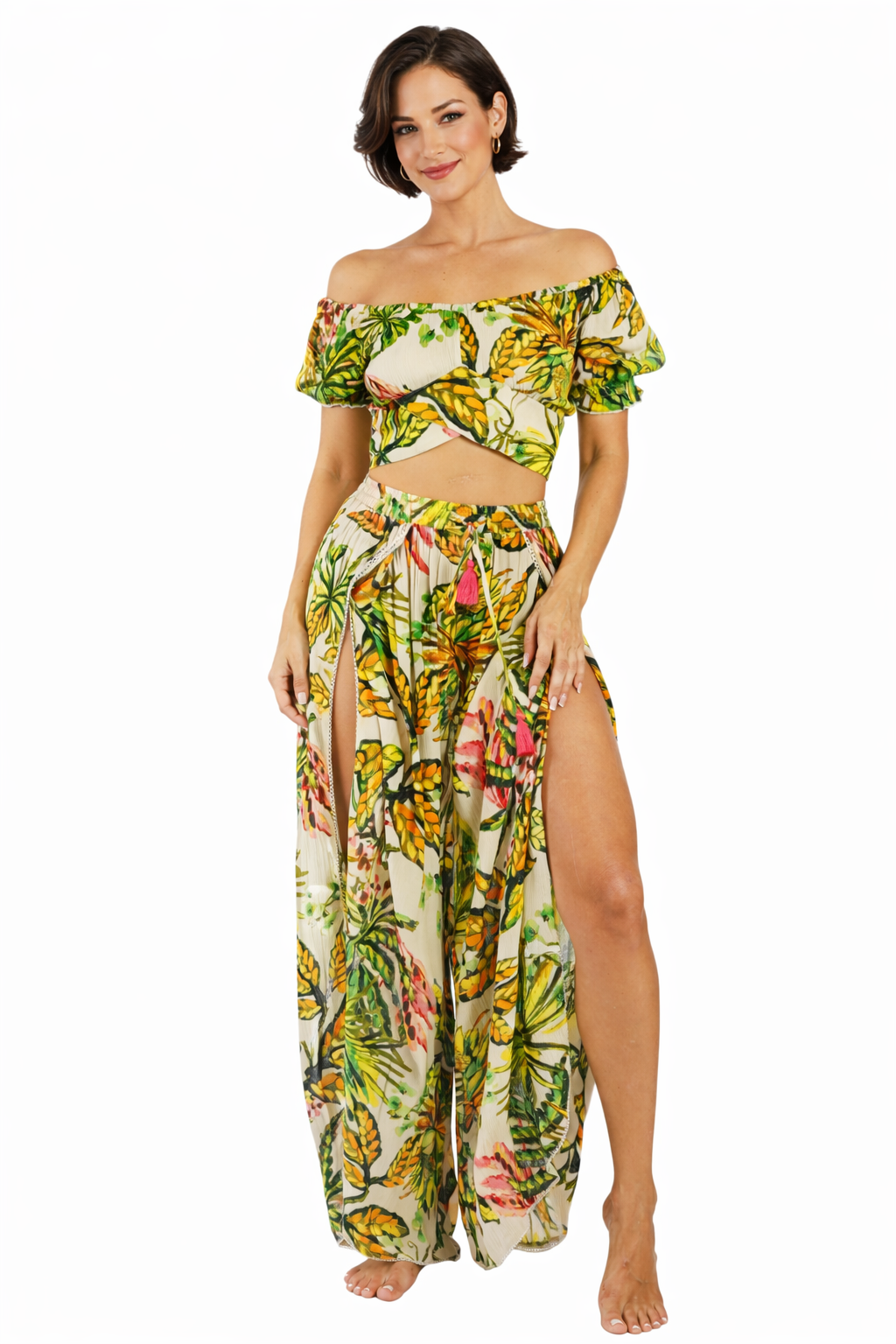 Wholesale Green Jungle-Leaf Print Off-Shoulder Crop Top & Wide-Leg Pants Resort Set-3