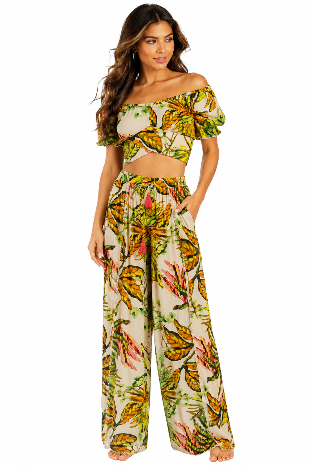 Wholesale Green Jungle-Leaf Print Off-Shoulder Crop Top & Wide-Leg Pants Resort Set-0