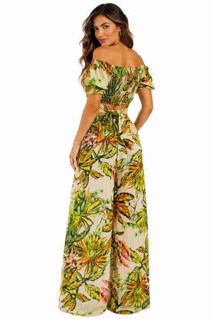 Wholesale Green Jungle-Leaf Print Off-Shoulder Crop Top & Wide-Leg Pants Resort Set-1
