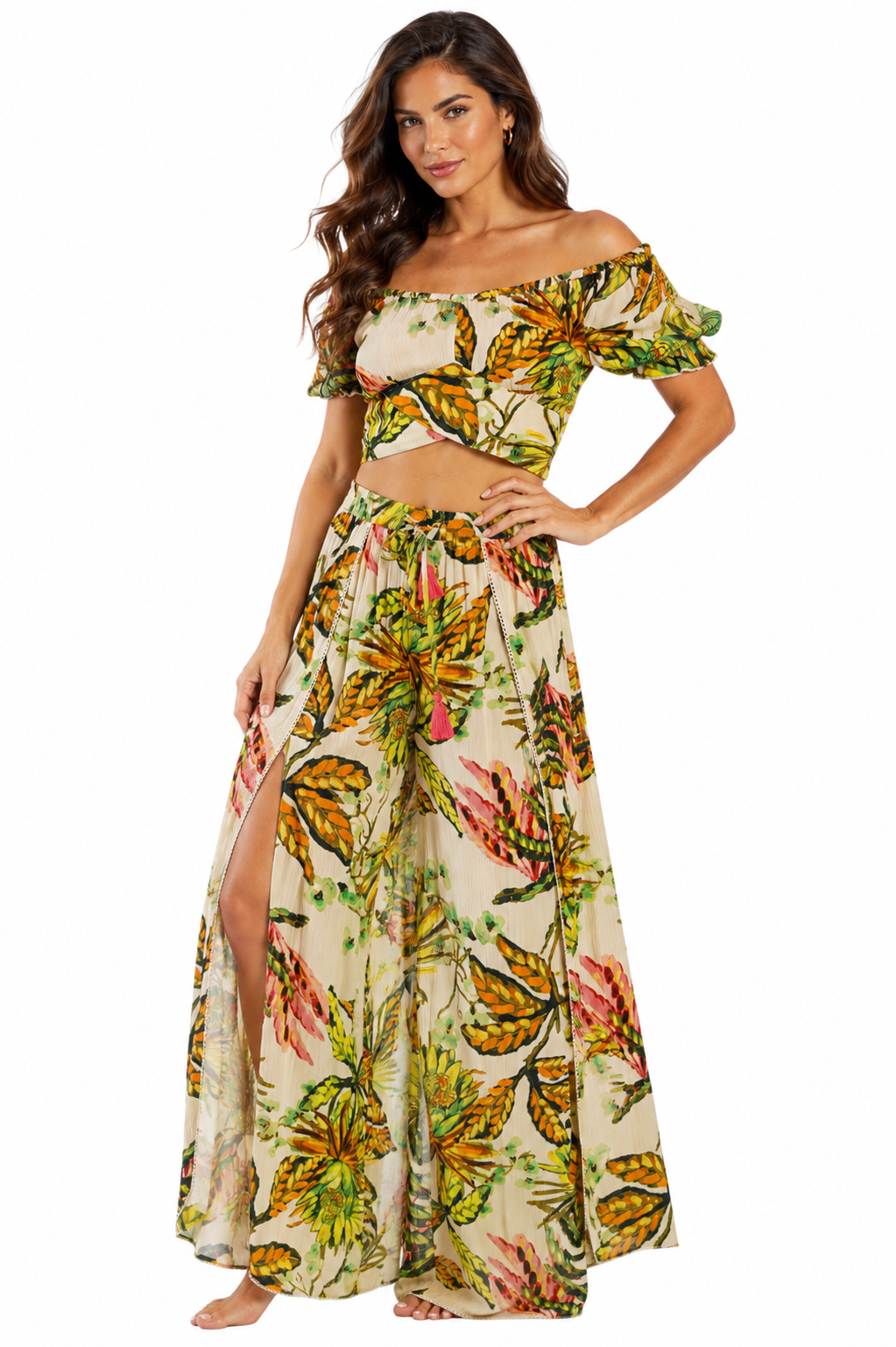 Wholesale Green Jungle-Leaf Print Off-Shoulder Crop Top & Wide-Leg Pants Resort Set-2