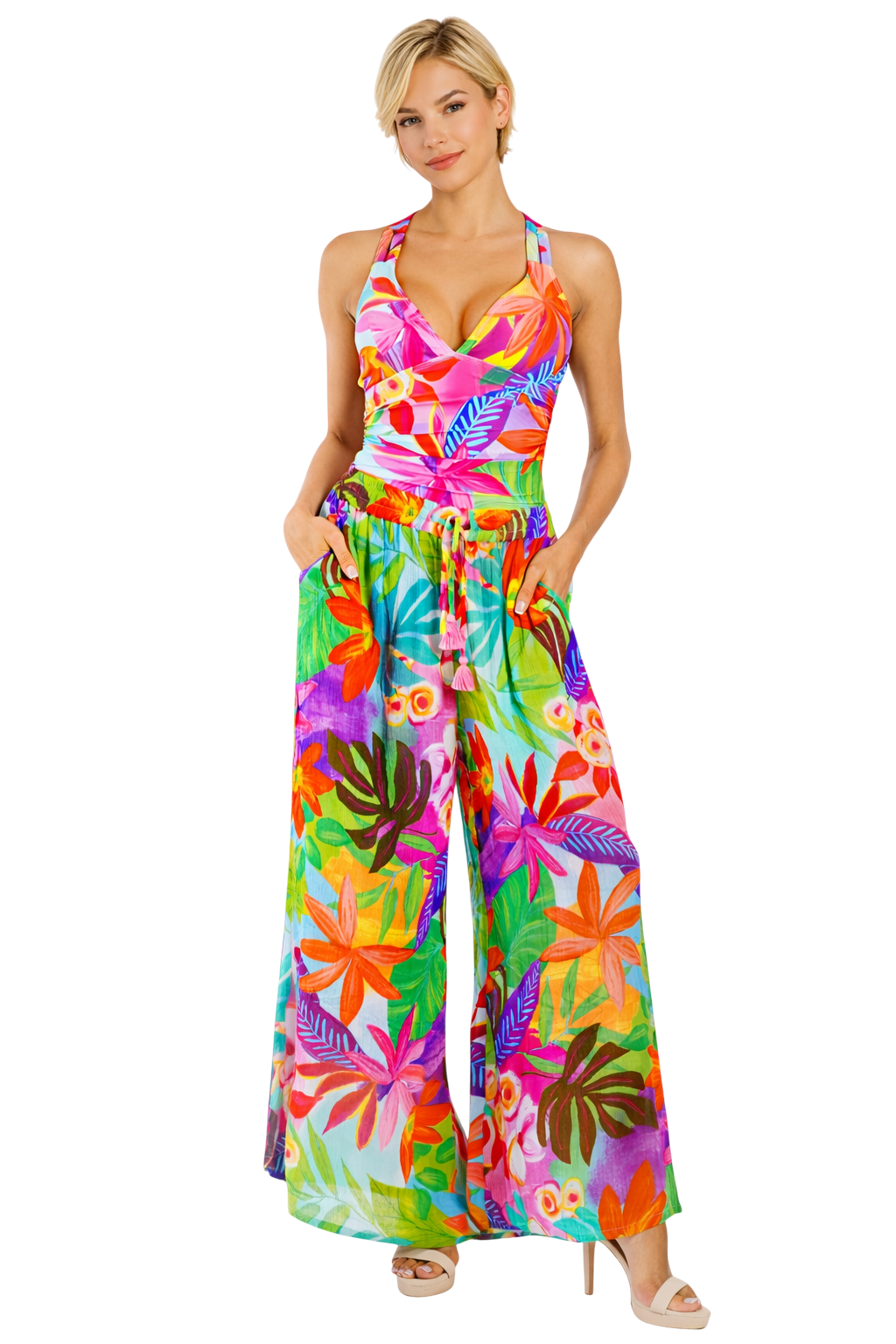 Wholesale Multicolor Tropical Palm-Print V-Neck Wide-Leg Cover Up Pant – B2B Resort-2