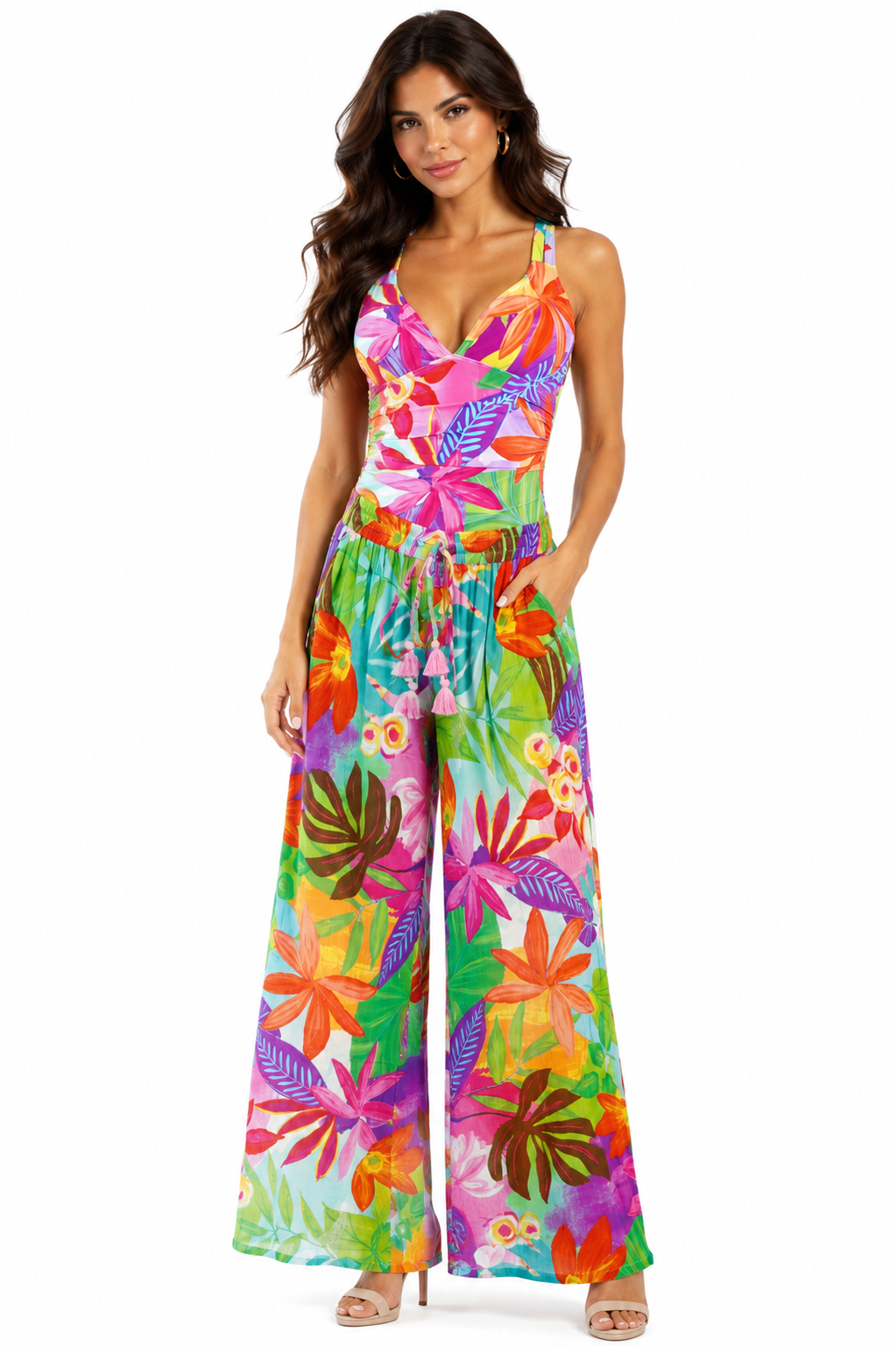 Wholesale Multicolor Tropical Palm-Print V-Neck Wide-Leg Cover Up Pant – B2B Resort-0