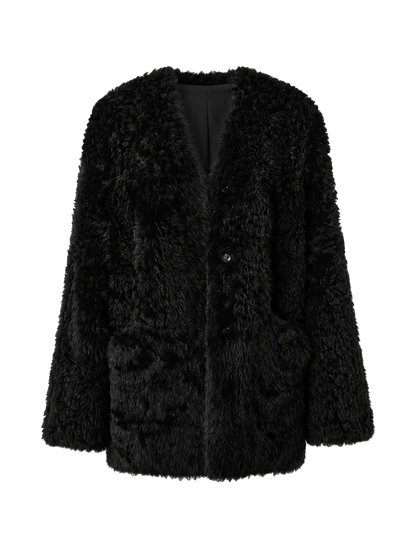 "Castle Dusk" V-neck Italian imported Tuscan curly wool sheepskin fur coat winter-5