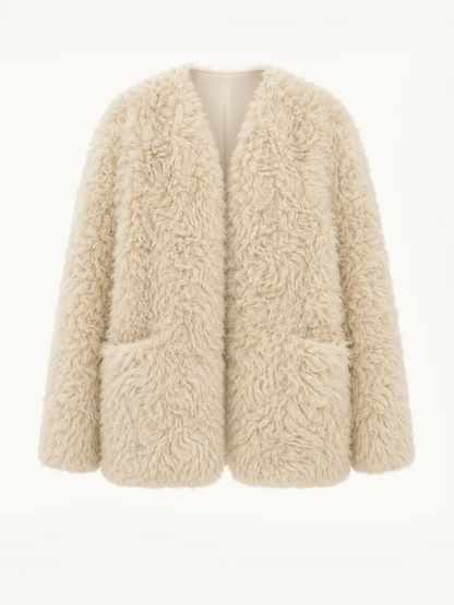 "Castle Dusk" V-neck Italian imported Tuscan curly wool sheepskin fur coat winter-4