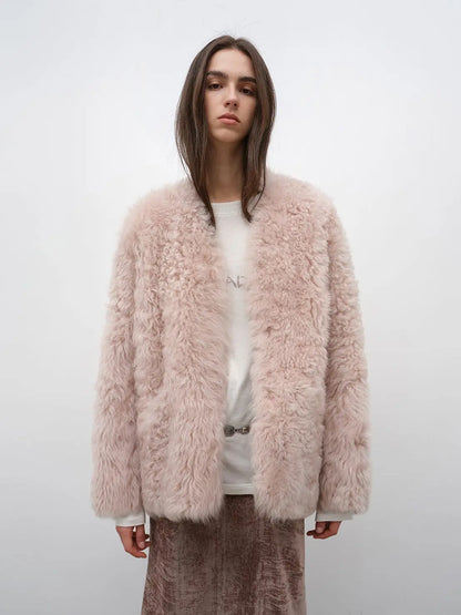 "Castle Dusk" V-neck Italian imported Tuscan curly wool sheepskin fur coat winter-1