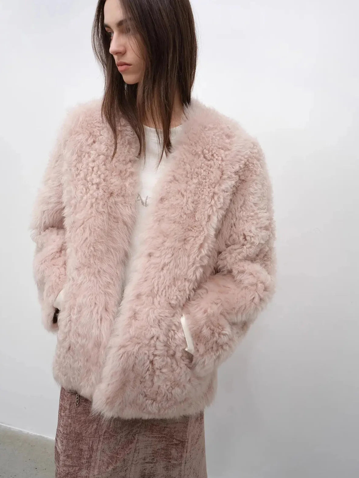 "Castle Dusk" V-neck Italian imported Tuscan curly wool sheepskin fur coat winter-2