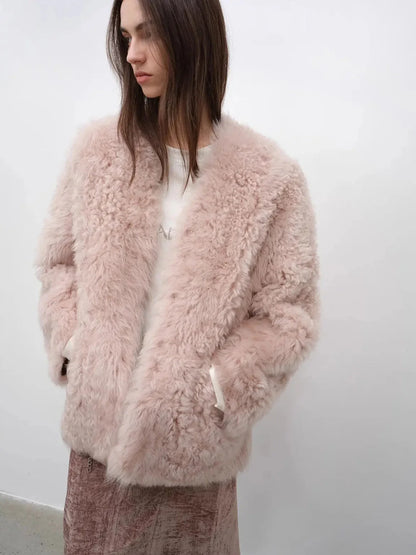 "Castle Dusk" V-neck Italian imported Tuscan curly wool sheepskin fur coat winter-2