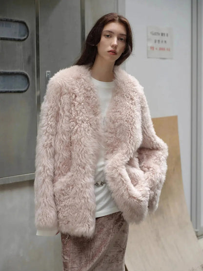 "Castle Dusk" V-neck Italian imported Tuscan curly wool sheepskin fur coat winter-3