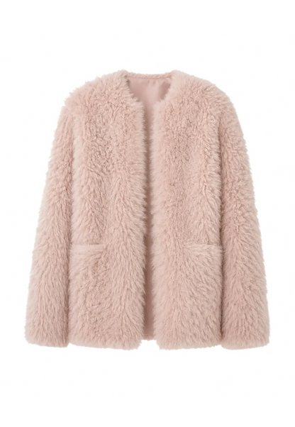 "Castle Dusk" V-neck Italian imported Tuscan curly wool sheepskin fur coat winter-0