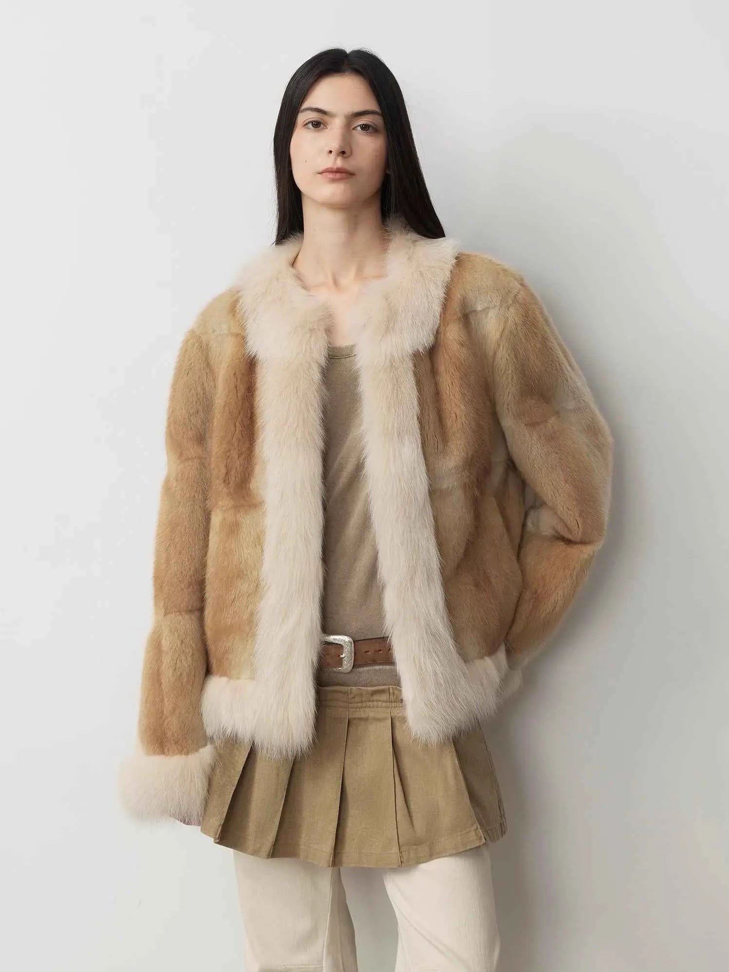 Fireladyfur Women's Blue Muskrat & Fox Fur Patchwork Coat "Casual Gene"-1