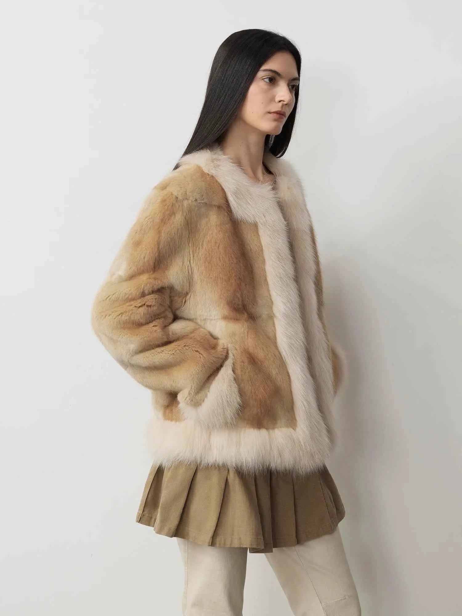 Fireladyfur Women's Blue Muskrat & Fox Fur Patchwork Coat "Casual Gene"-3
