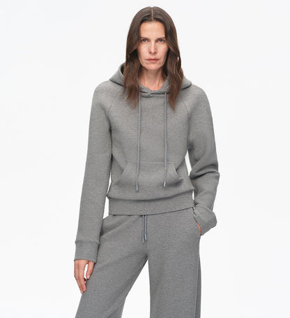 "Casual Life" Textured Cotton Loose Straight Hooded Short Sweatshirt