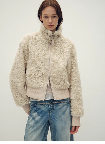 Casual stand-up collar jacket-style fluffy sheep curly hair fashionable short bomber coat"Curly Story"