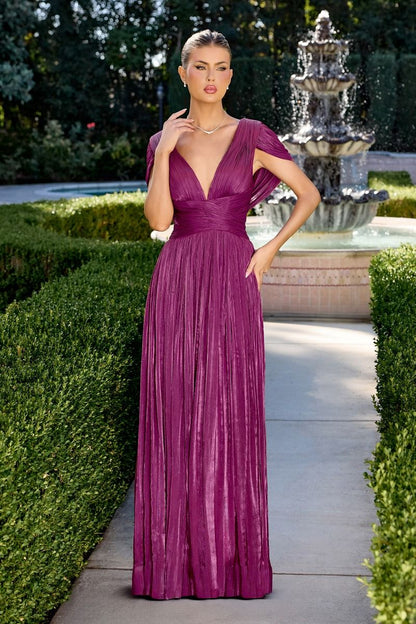 A-Line Dress In Shimmering Pleated Chiffon, Soft Draped Bodice With Deep V-Neck-4
