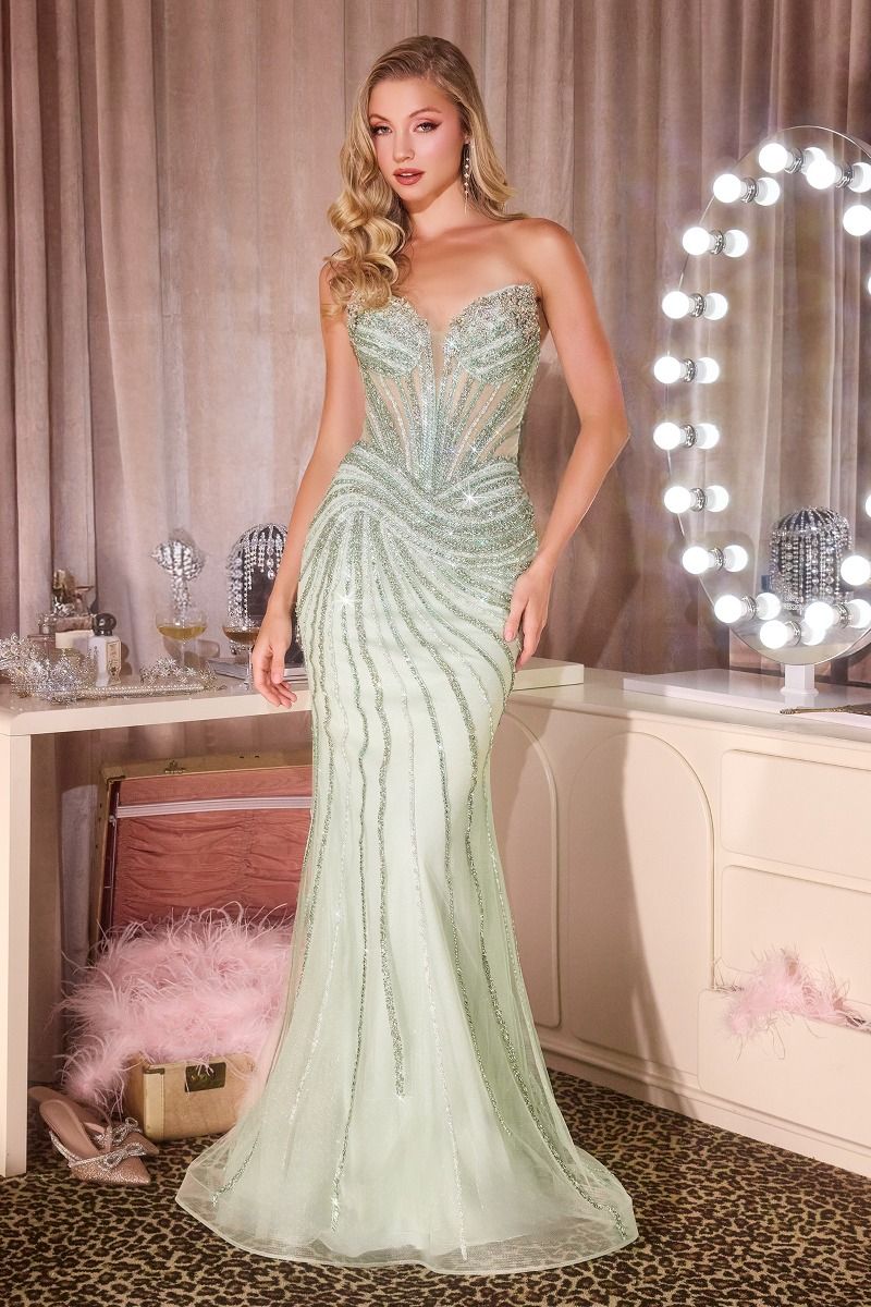 Fitted Dress Sweetheart Neckline Crystal Beaded Sheer Corset Bodice Sculpted Silhouette-2