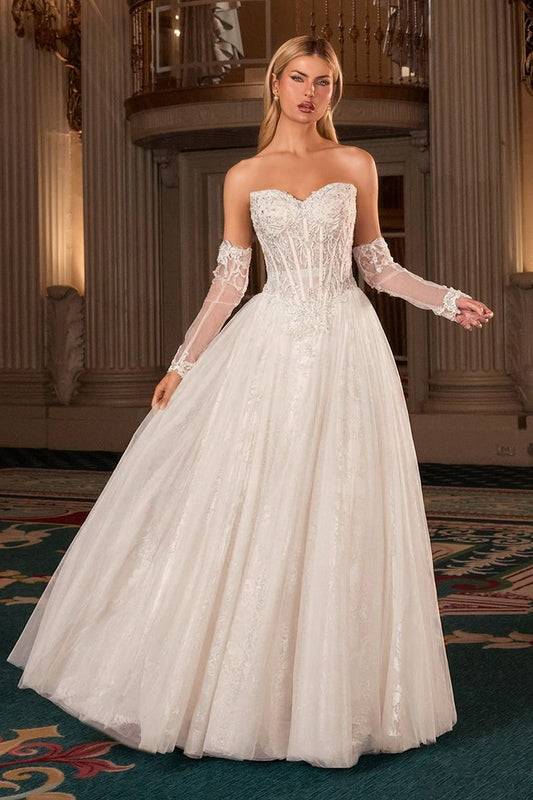 Strapless Lace Corset Bridal Ball Gown with Detachable Sleeves