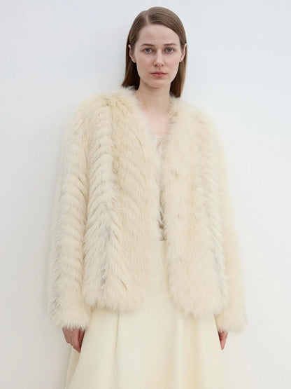 "Champagne on a Snowy Night" imported fox fur two-tone V-neck oblique stripe slim jacket