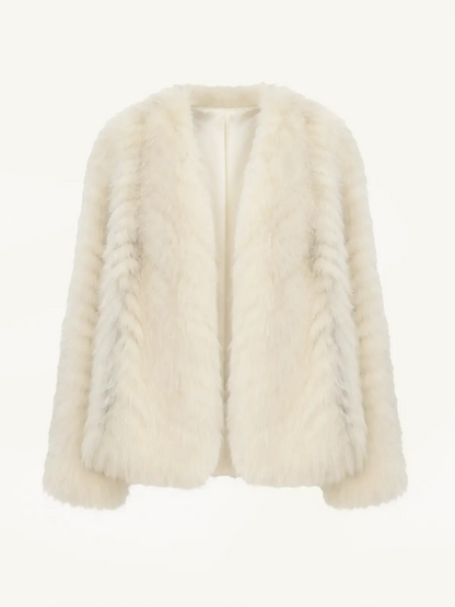 "Champagne on a Snowy Night" imported fox fur two-tone V-neck oblique stripe slim jacket