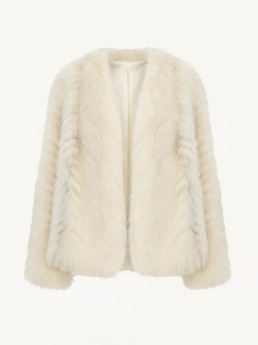 "Champagne on a Snowy Night" imported fox fur two-tone V-neck oblique stripe slim jacket