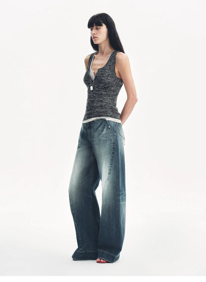 Cotton and Linen Blended Henley Collar Beaded Vest Summer"Summer Night Starry Sky"