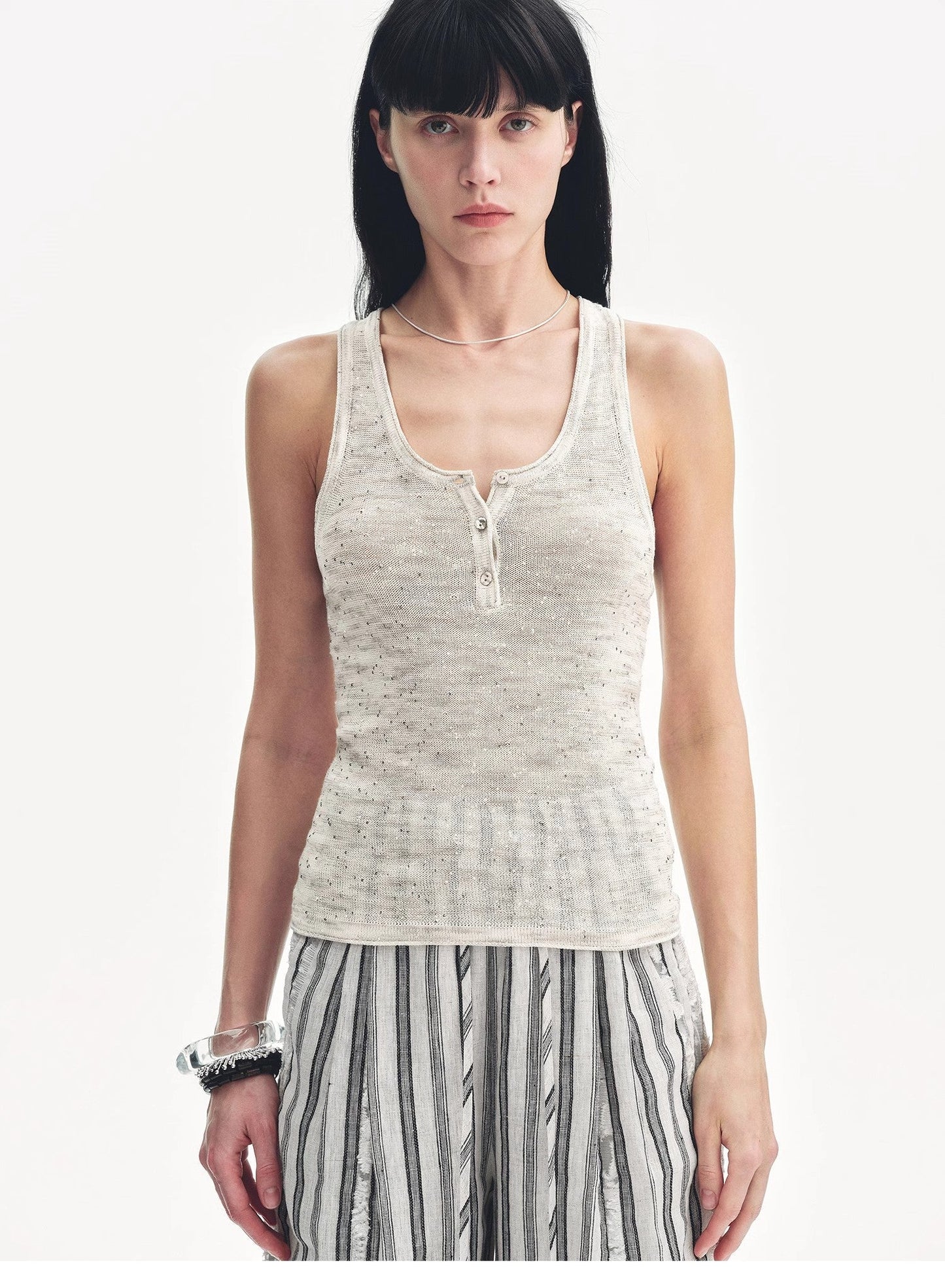 Cotton and Linen Blended Henley Collar Beaded Vest Summer"Summer Night Starry Sky"