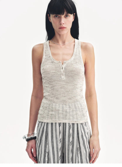 Cotton and Linen Blended Henley Collar Beaded Vest Summer"Summer Night Starry Sky"