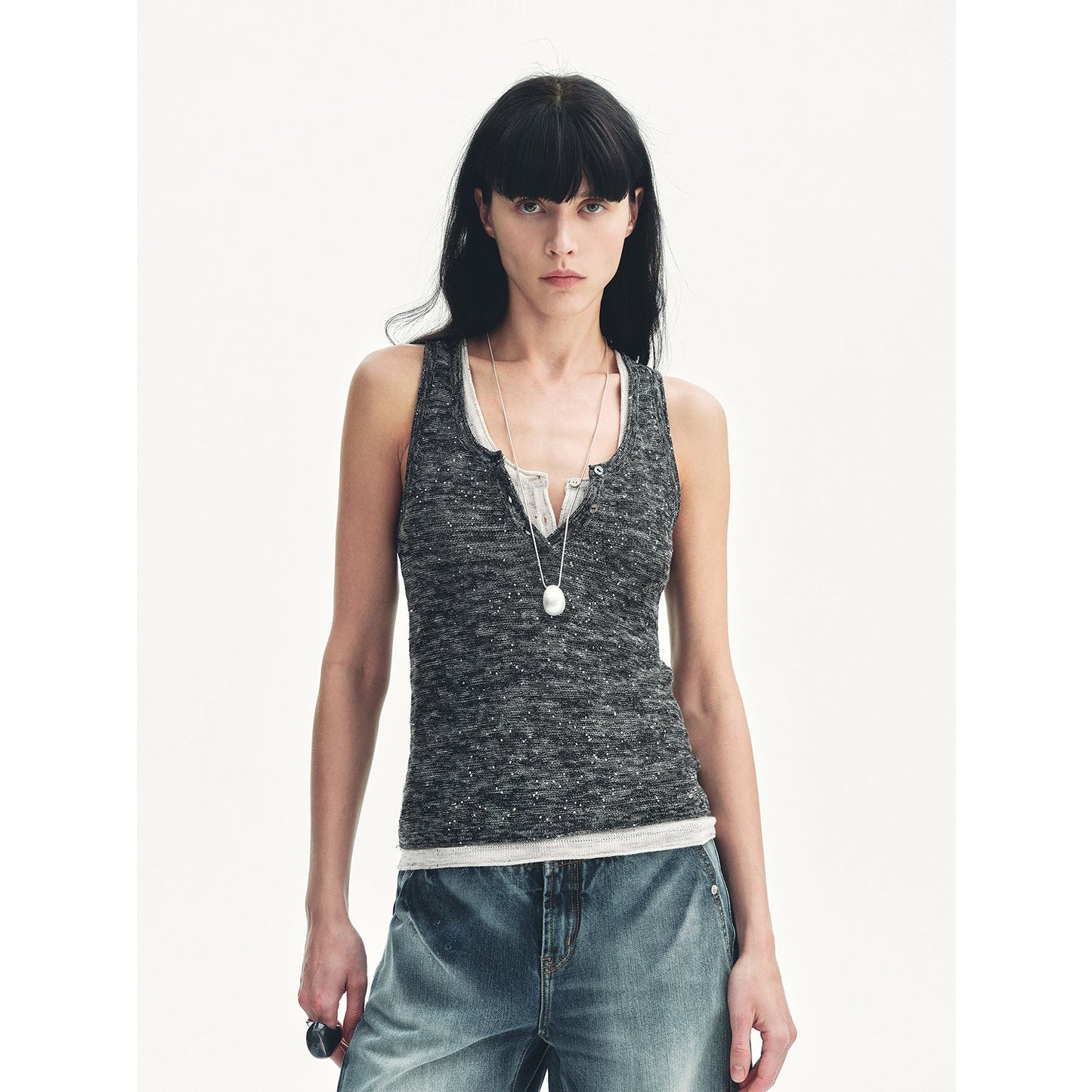 Cotton and Linen Blended Henley Collar Beaded Vest Summer"Summer Night Starry Sky"