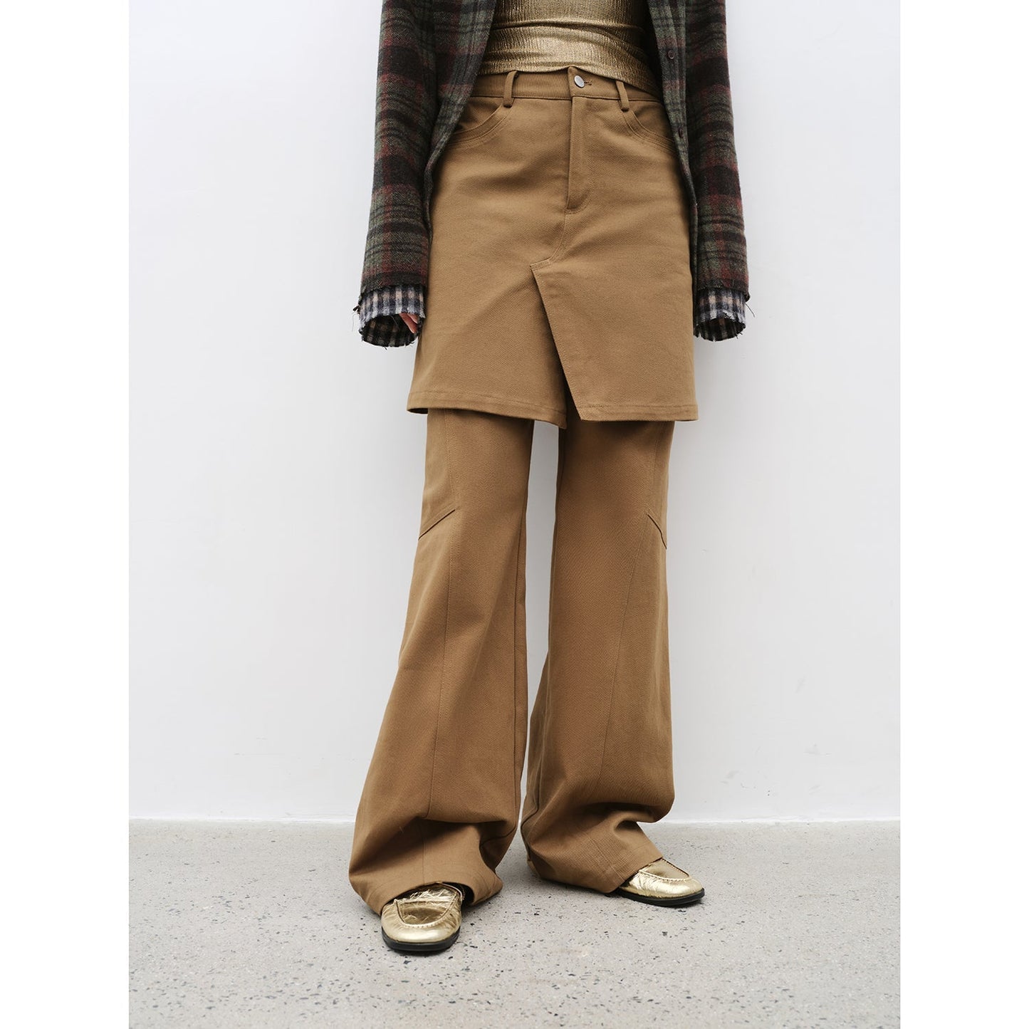 "Culotte Declaration" Retro split design fake two-piece twill brushed slightly flared slim jeans-1
